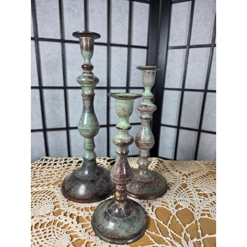Set of 3 Verdigris Patina Metal Taper Candlestick Holders Made in India Spindle